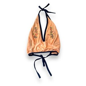 SOLD Vintage 1970s Embroidered floral halter top peach contrast navy straps